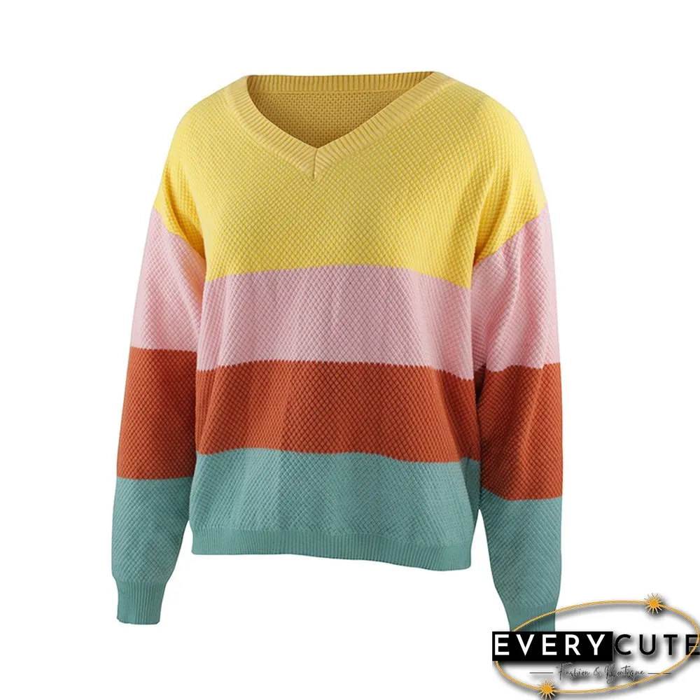 Yellow Colorblock V Neck Pullover Sweater
