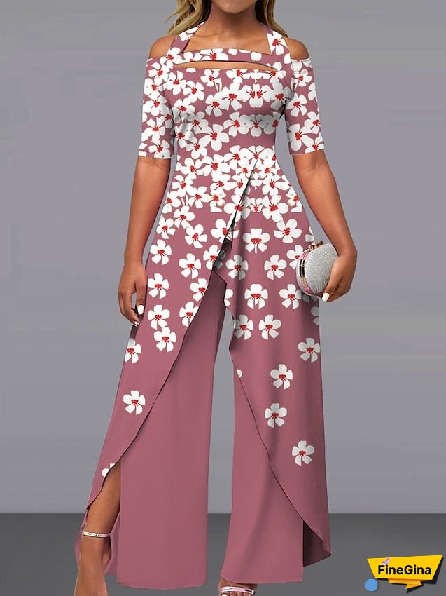 Women's Jumpsuit Print Floral Off Shoulder Elegant Party Wide Leg Regular Fit Short Sleeve Pink Navy Blue Royal Blue S M L Summer
