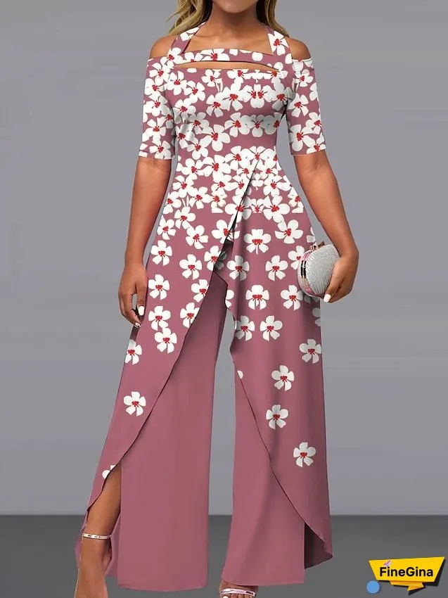 Women's Jumpsuit Print Floral Off Shoulder Elegant Party Wide Leg Regular Fit Short Sleeve Pink Navy Blue Royal Blue S M L Summer