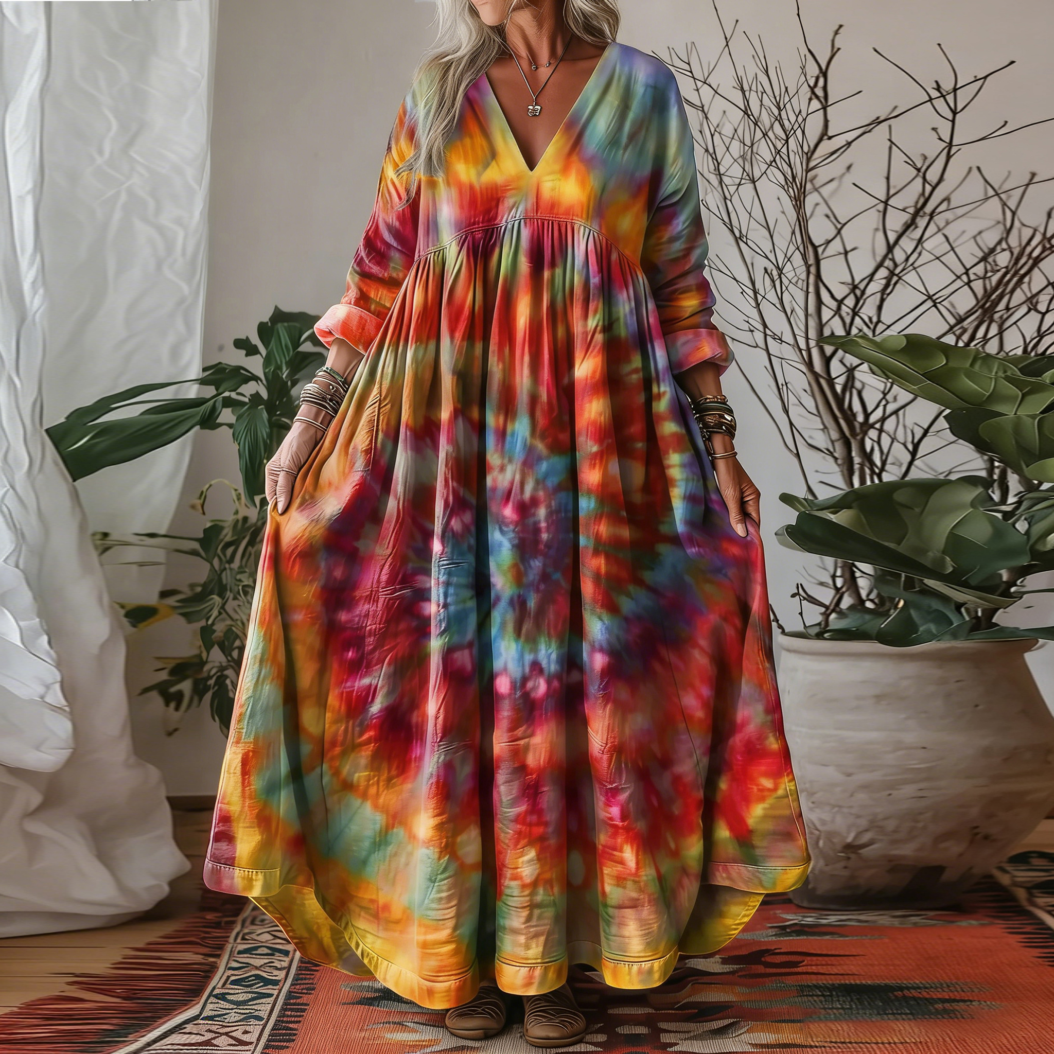 Comstylish Women's Retro Hippie Rainbow Tie-dye Art Patterns V-neck Maxi Dress