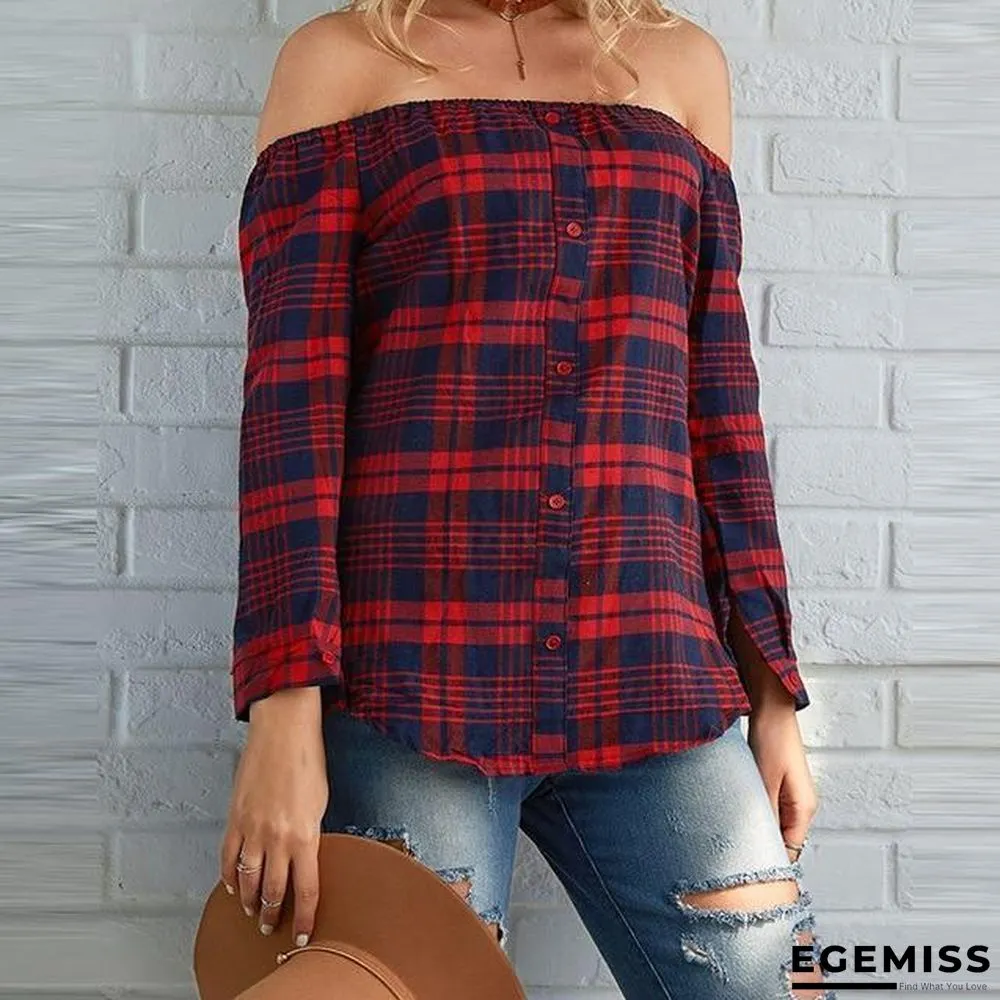 Women Plaid Shirt Sexy Off Shoulder Long Sleeve Tops Shirt Slash Neck Blouses | EGEMISS