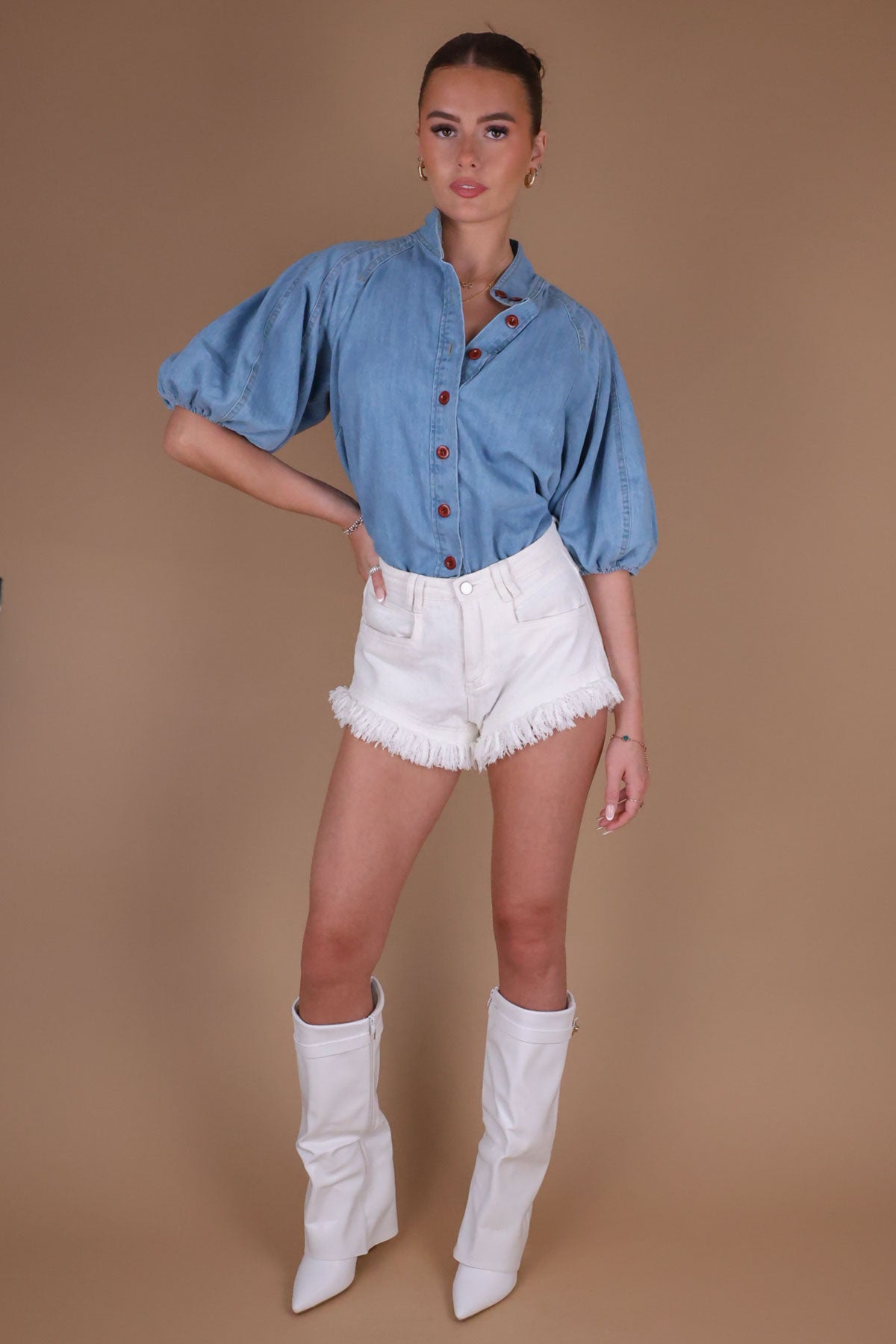 White Denim Frayed Hem Shorts