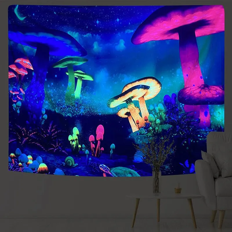 Psychedelic Mushroom Fluorescent Tapestry Hanging Cloth Wall Decor Glow Under Ultraviolet Light Room Aesthetic for Teen Girls