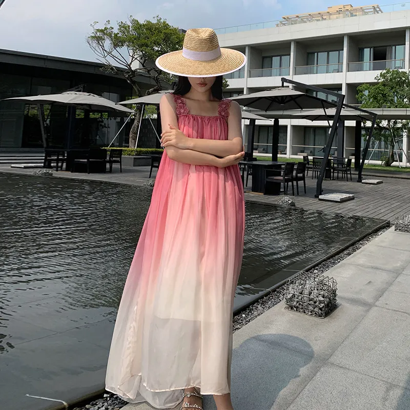 Churchf Churchf Dress Seaside Pink Sling Chiffon Dress Super Fairy Big Skirt