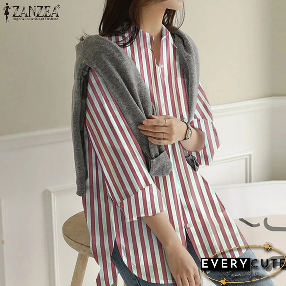 Womens Turn Down Collar T-Shirt Full Sleeve Front Pockets Loose Shirt Button Striped Print Tops S-5XL