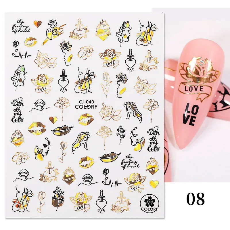 1 Pc 3D Nail Stickers Leaves Sliders for Nails Gold White Bronzing Flowers Gradient Adhesive Sticker Nail Design Art Decorations-Nail Inspo