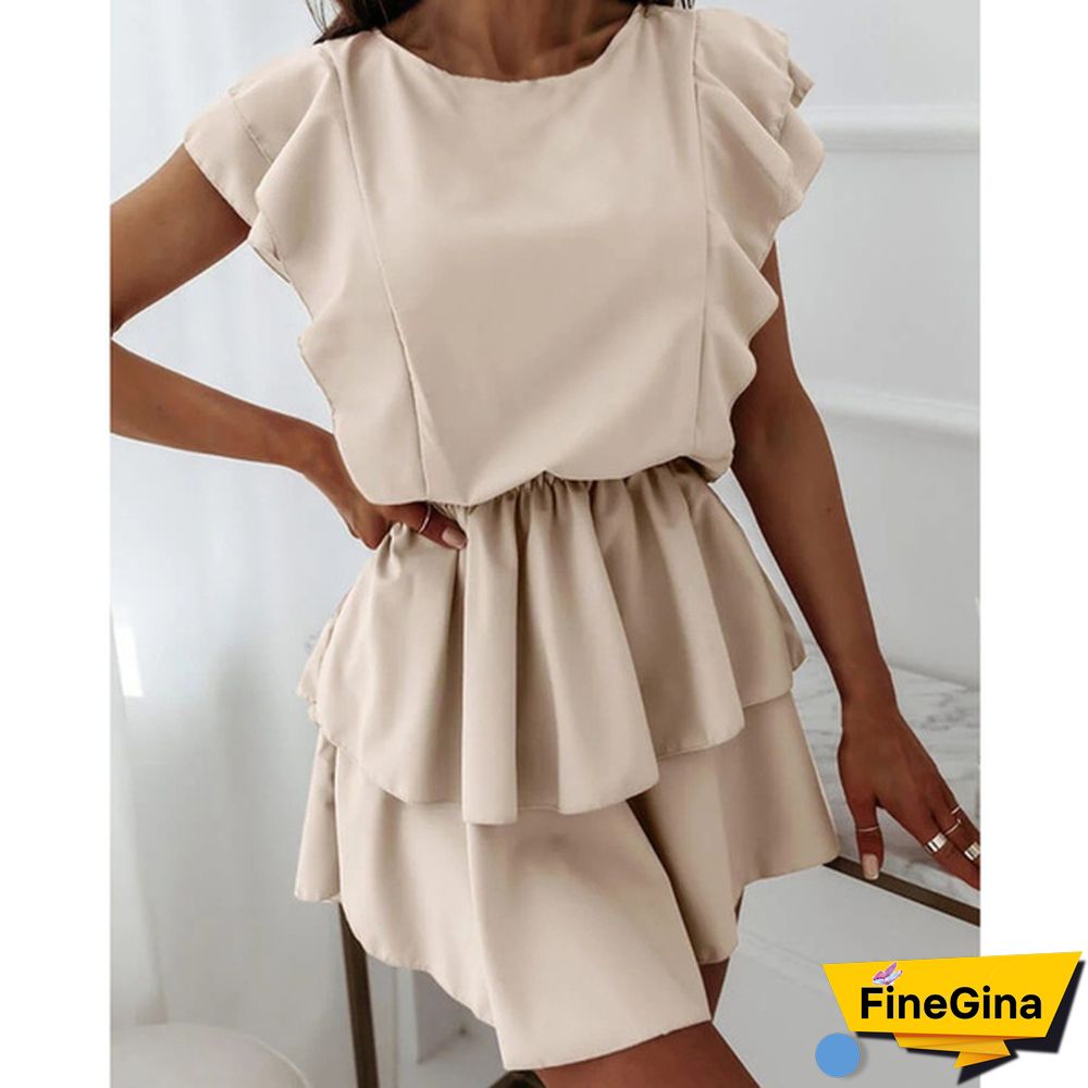Summer Women's Fashion Solid Color Mini Dress O-Neck Ruffle Short Sleeve Dresses