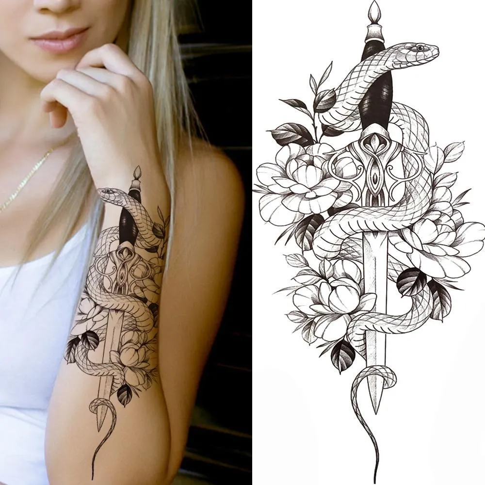 Sexy Rose Lion Flower Temporary Tattoos For Women Men Kids Boys Realistic Fake Wolf Tattoo Sticker Black Cross Compass Tatoos 1108-1