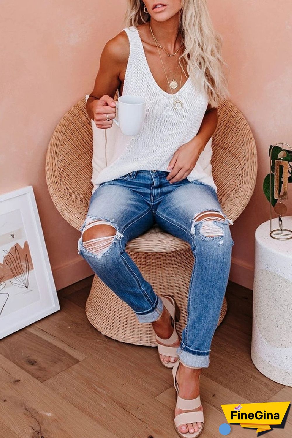 KarliDress V-neck Solid Thick Strap Top P12898