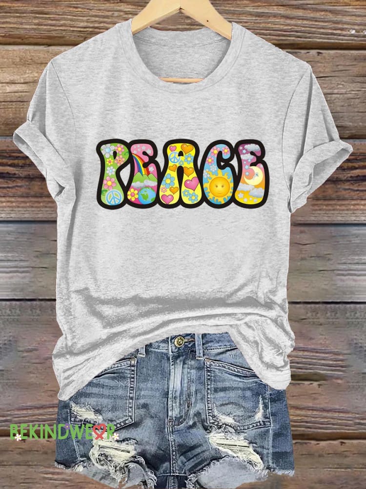 Peace Printed Casual Round Neck Short Sleeve T-Shirt White / S