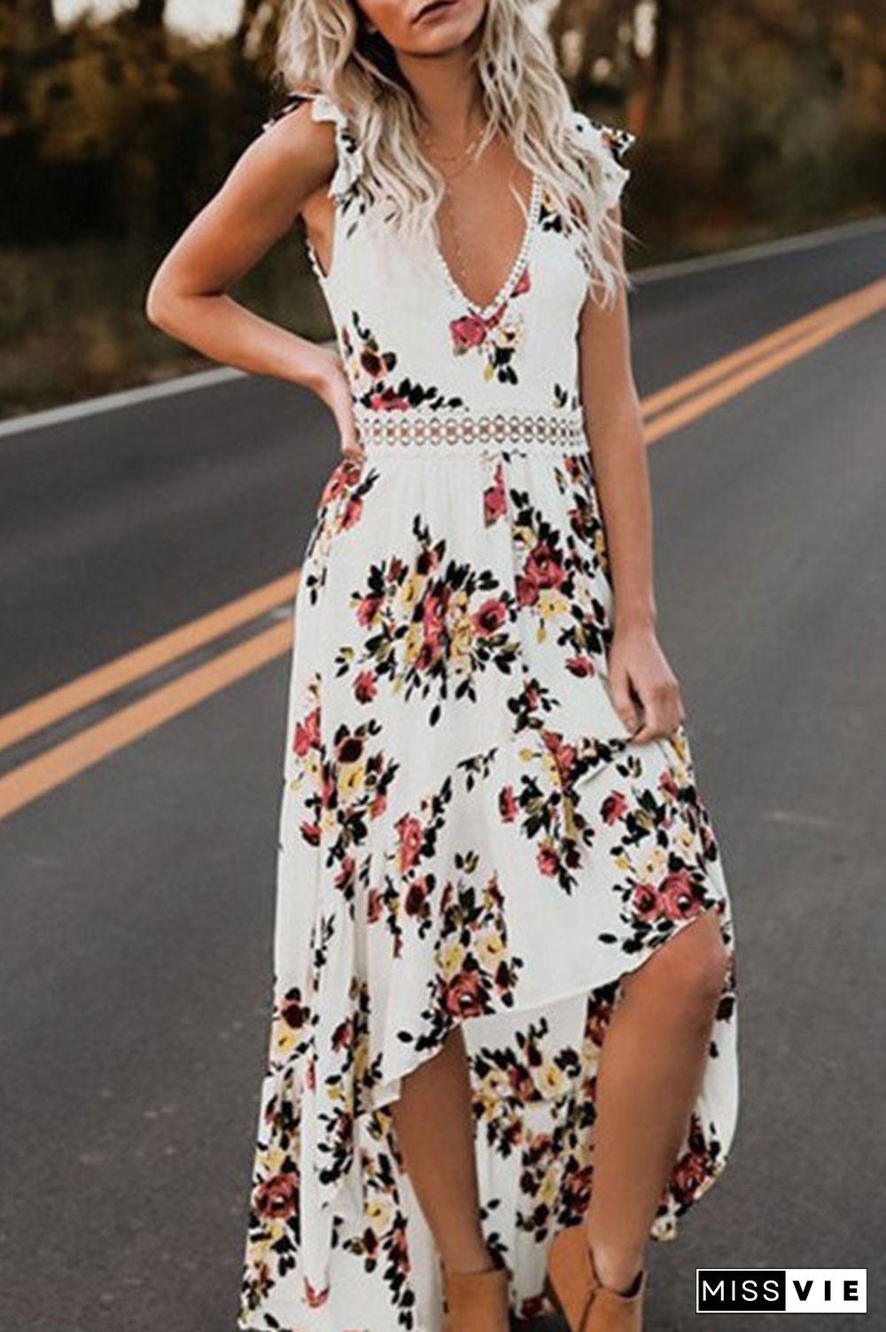 Backless Floral Print High Low Dress