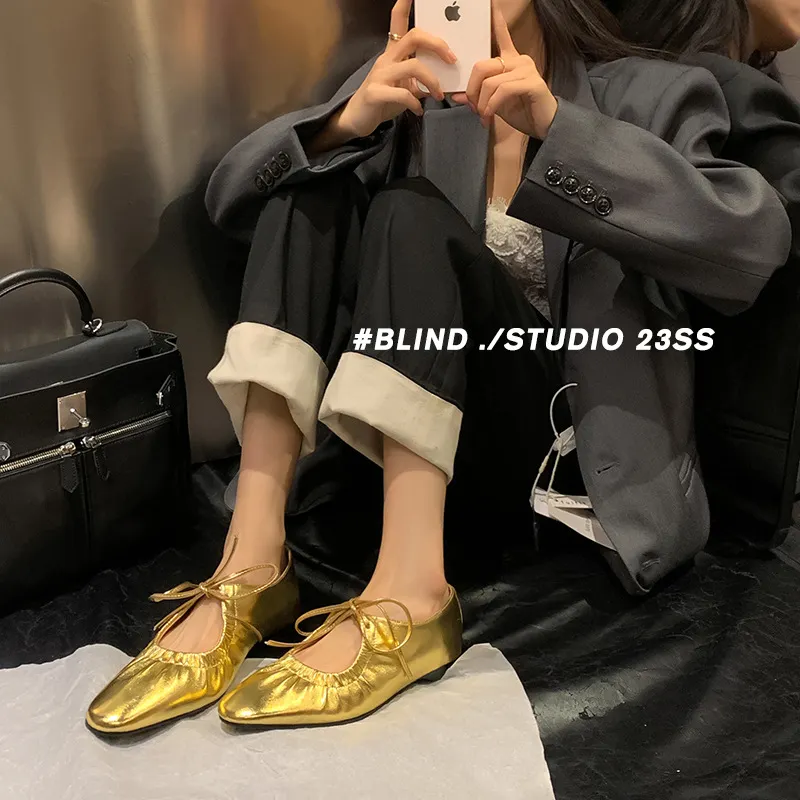 Churchf Churchf Crowd Design Gold Cowhide Strap With Lotus Leaf Mouth Flat Mary Jane Single Shoes Spring New French Leather Women's Shoes