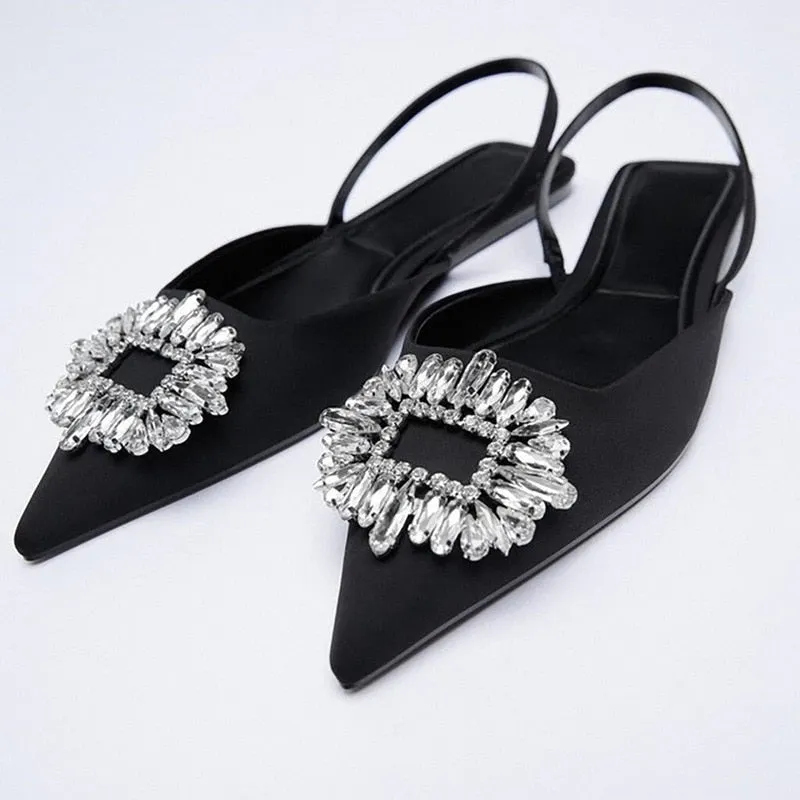 Women Pointed Toe Shoes Light Yellow Diamond Shallow Mouth Slippers Back Strappy Low Heel Sandals For Women 2021 New Arrival
