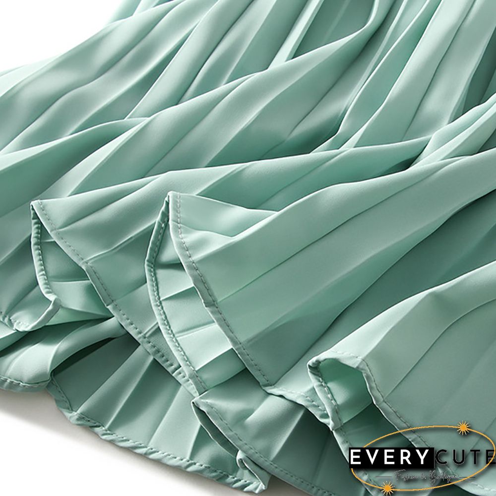 Light Green Elastic Waist A-line Pleated Maxi Skirt