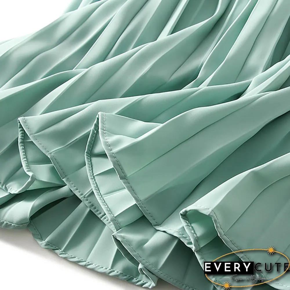 Light Green Elastic Waist A-line Pleated Maxi Skirt