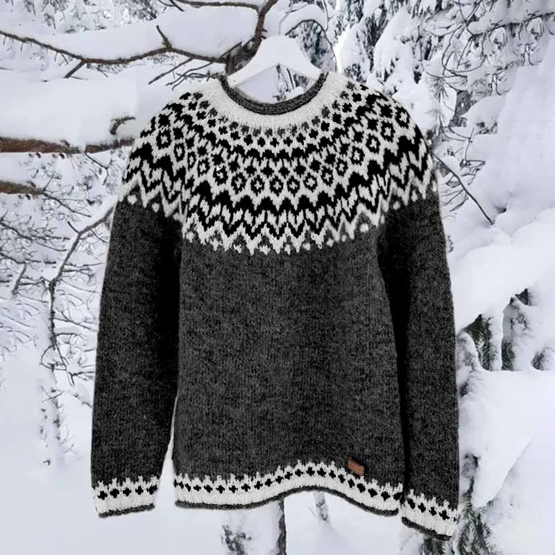 Vintage Icelandic Knit Jacquard Islender Crew Neck Sweater（Unisex）