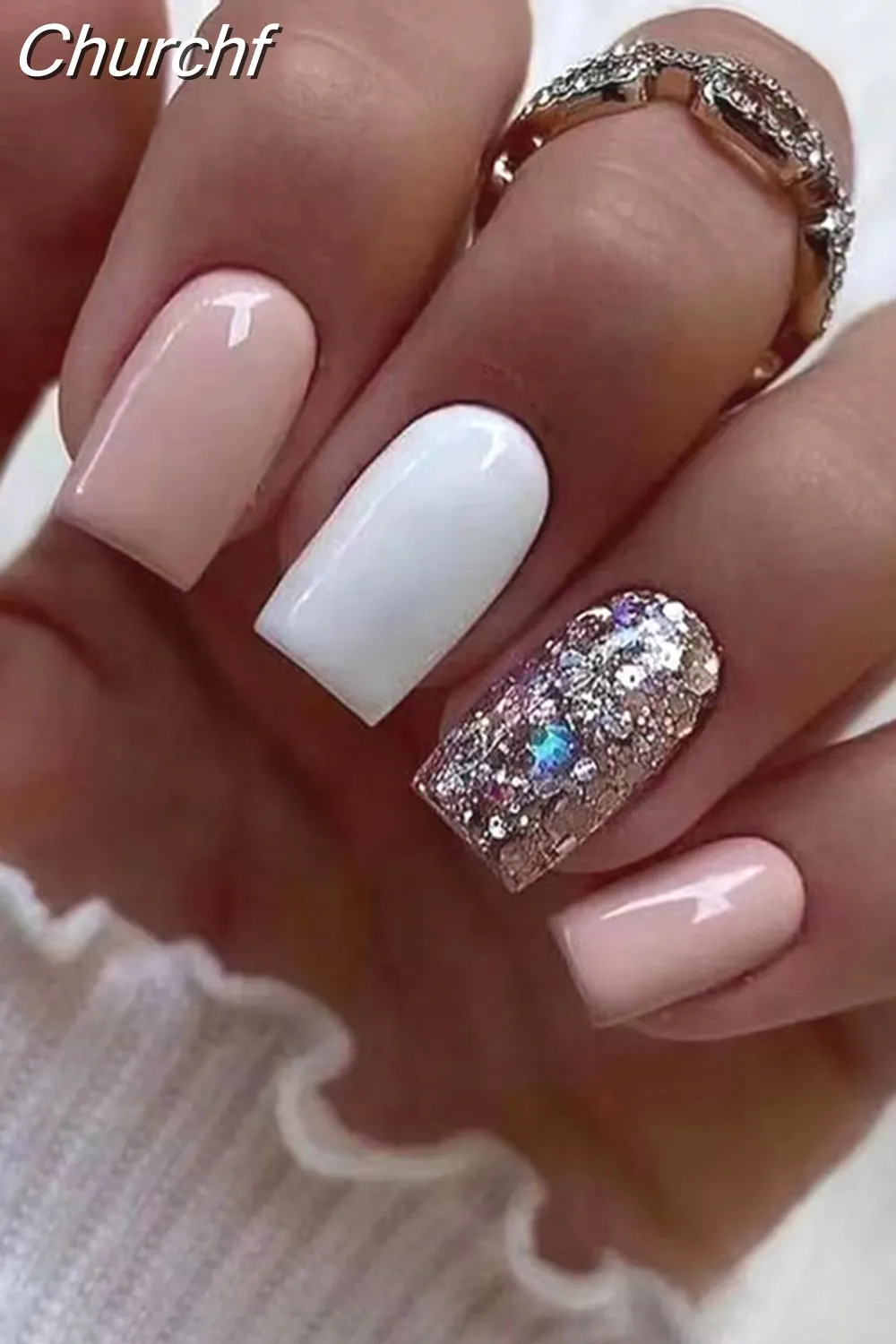 Churchf Nail Full Cover Fake Nail Pink Glitter Wearable French Short Nails Square Head False Nail Press On Nails Manicure Tool 715-1-Nail Inspo