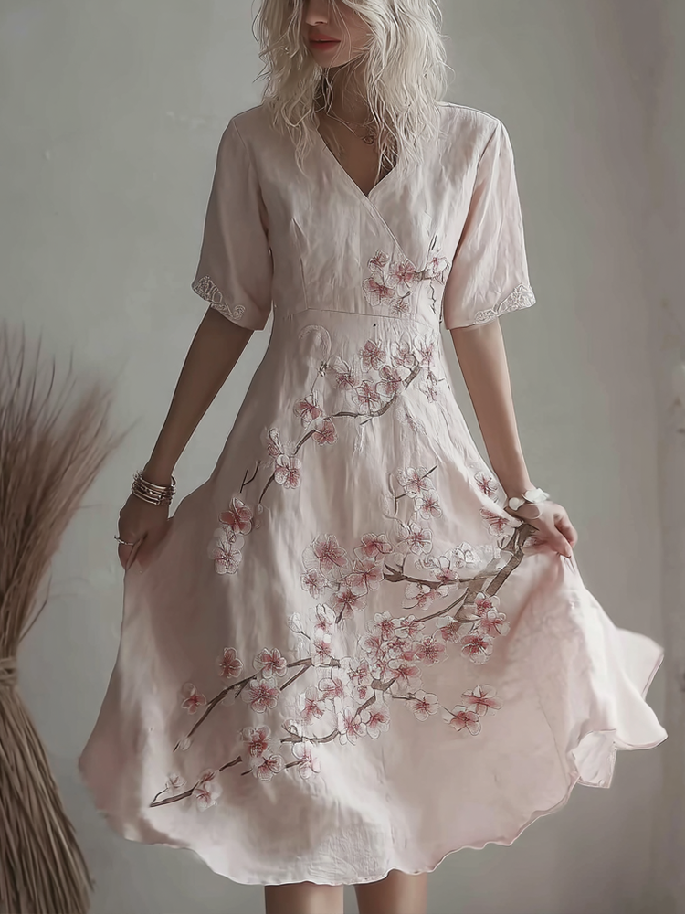 Comstylish Sakura Embroidery Pattern Casual Linen Dress