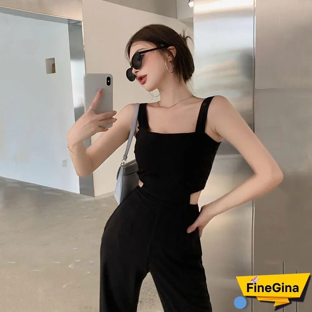 Summer Korean Elegant Jumpsuits New Slim Black High Street Designer Women Outfit Cut Out Chic Casual Beach Party Jumpsuits