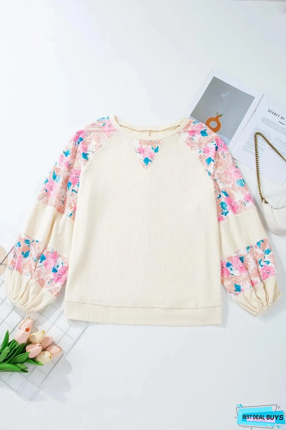 Apricot Plus Size Floral Patchwork Ribbed Puff Sleeve Top
