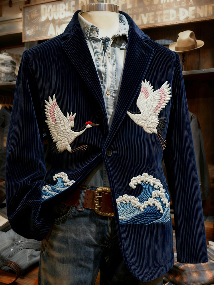 Vintage Japanese Cranes Embroidered Comfy Corduroy Suit  artssus