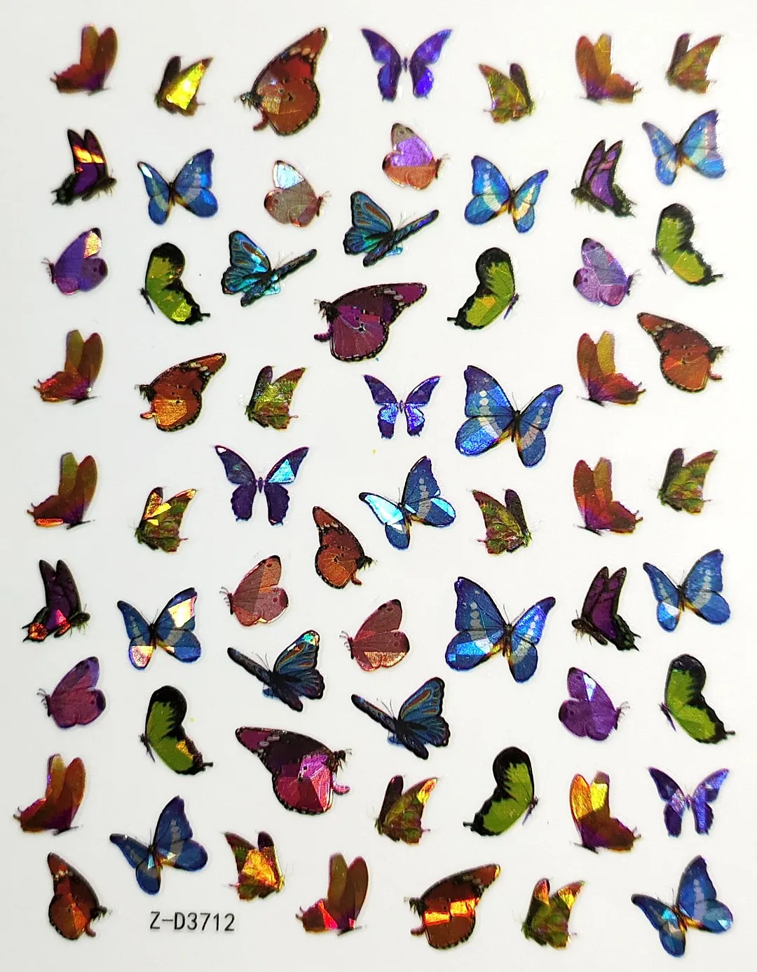 1pc Holographic Blue Nail Stickers Pink Colorful Butterfly Art Sticker With Adhesive DIY Extension Flowers Rose Nail Decoration-Nail Inspo