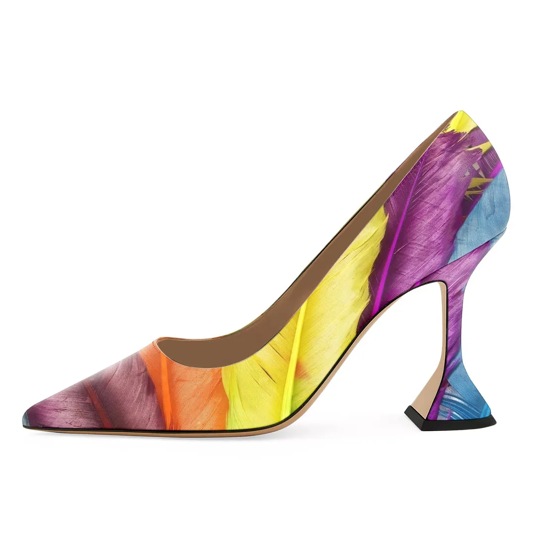 Eye-Catching Colorful Feather Vegan Leather Pumps for Elegant Ladies