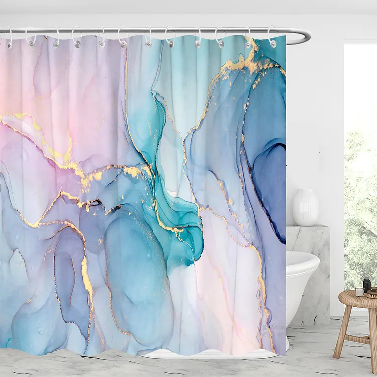 Glittering Pink Bluish Marbling Waterproof Shower Curtains With 12 Hooks