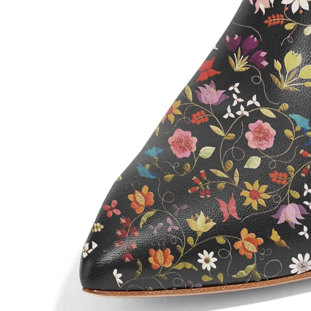 Vegan Leather Side-Zip Colorful Floral Printed Ankle Boots in Black