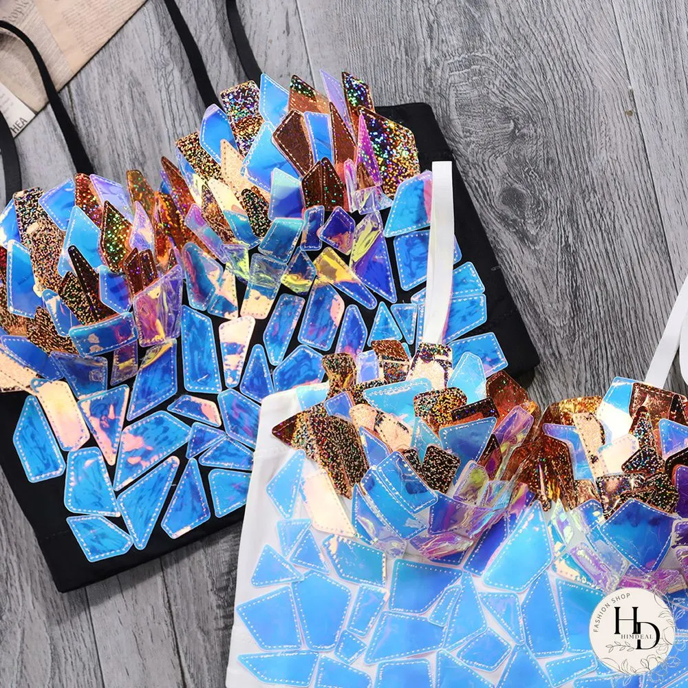 Women Holographic Rainbow Sequins Bustier Bra Spaghetti Strap Corset Camisole Reflective Bralette Crop Top Women Corset Clubwear
