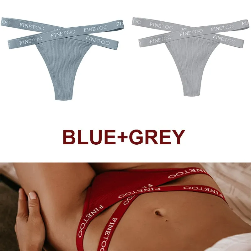 FINETOO 2PCS/Set Women's Cotton G-string Sexy Cross Strap Panties Letter Waisted Underwear Thongs Femme Hollow Out Lady Briefs