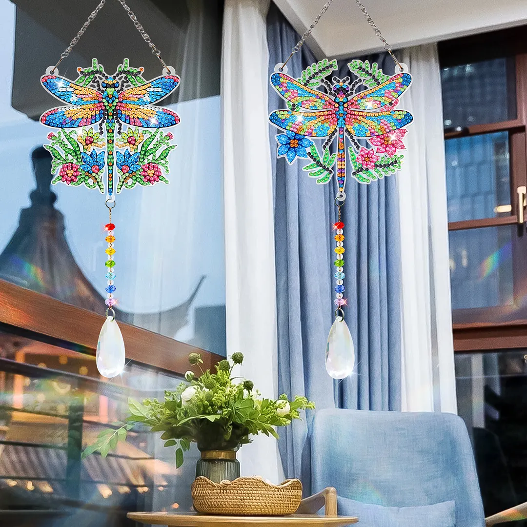 2Pcs Garden Dragonfly DIY Double-Sided Diamond Painting Hanging Kits Diamond Painting Suncatcher Craft Kit for Home Garden Wall Decor Gift