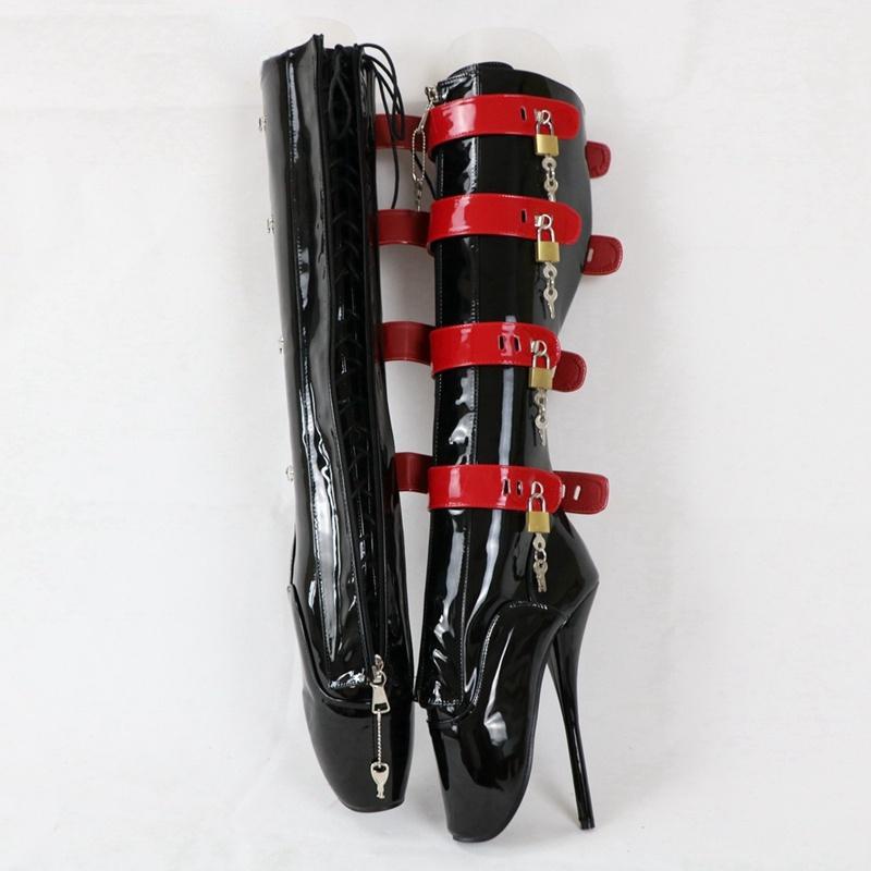 GOOSHOE Lockable Keys Ballet Boots Women Black And Red Stilettos High Heel 18Cm Lace Up Shoes