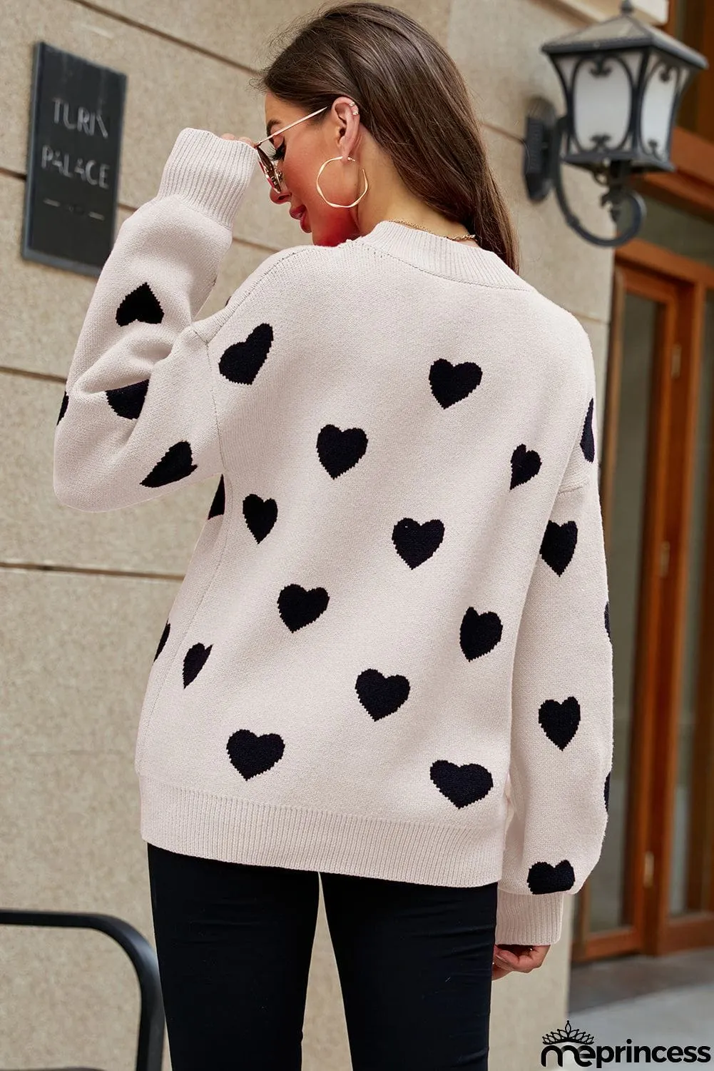 Heart Pattern Ribbed Trim Knit Sweater