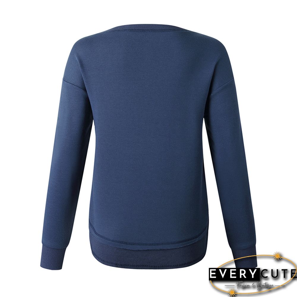 Navy Blue Side Slit Casual Pullover Sweatshirt