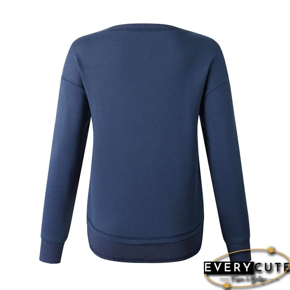 Navy Blue Side Slit Casual Pullover Sweatshirt