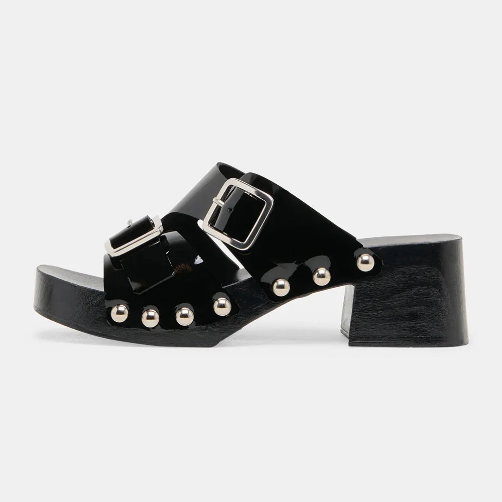 Black Open Toe Studded Slip On Platform Mule Heels with Buckles