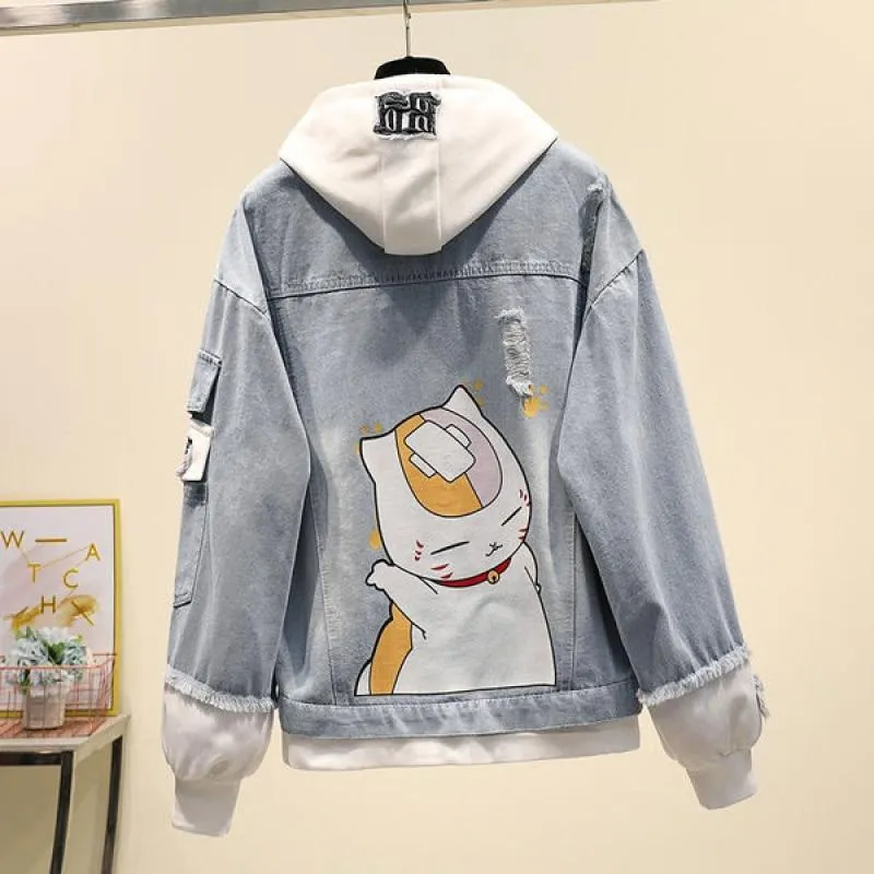 Fake Two-piece Hooded Denim Jacket Women Korean Loose Wild 2021 Autumn Winter New Chaqueta Mujer Hole Patch
