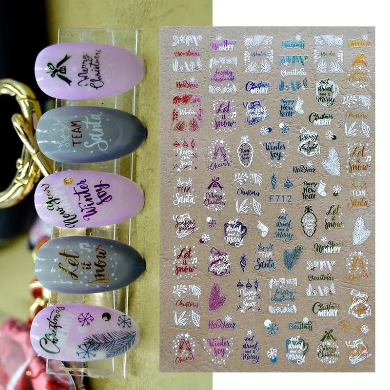 Sliver Bronzing 3D Christmas Nail Art Decoration Sticker Sparkly White Colorful Glitter Geometry Snowflake Winter Slider Foil