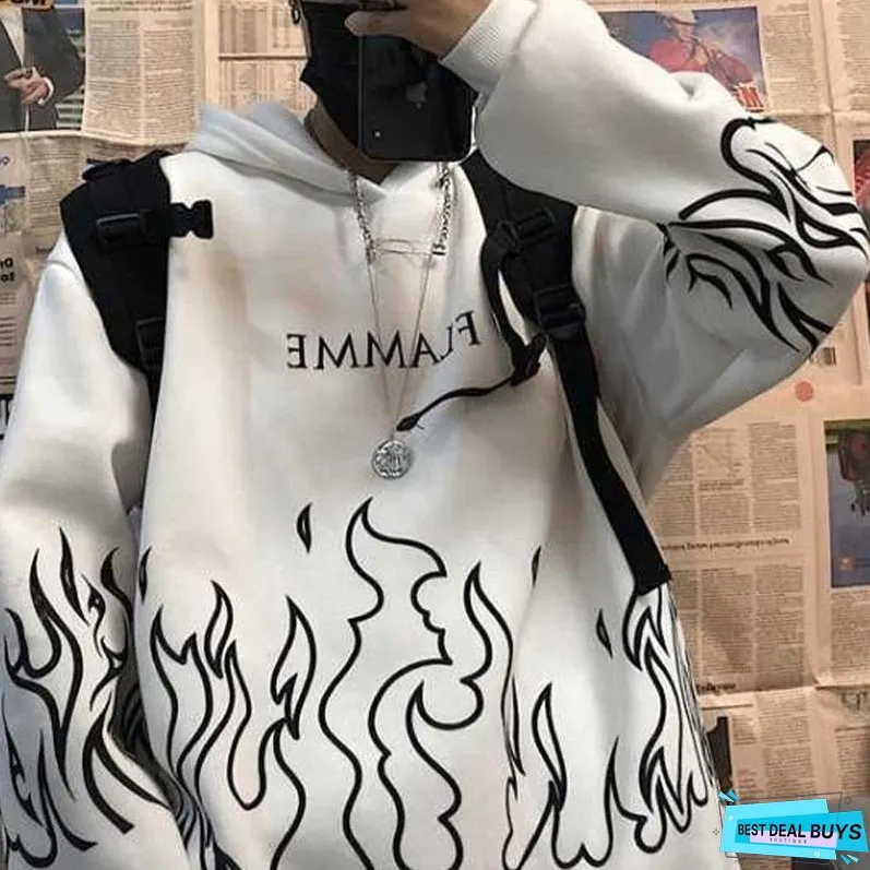 Christmas Gift Gothic Flame Printed Hoodies Women Man Korean Style Oversized Harajuku Sweatshirt Female Autumn Long Sleeve Pullovers Tops