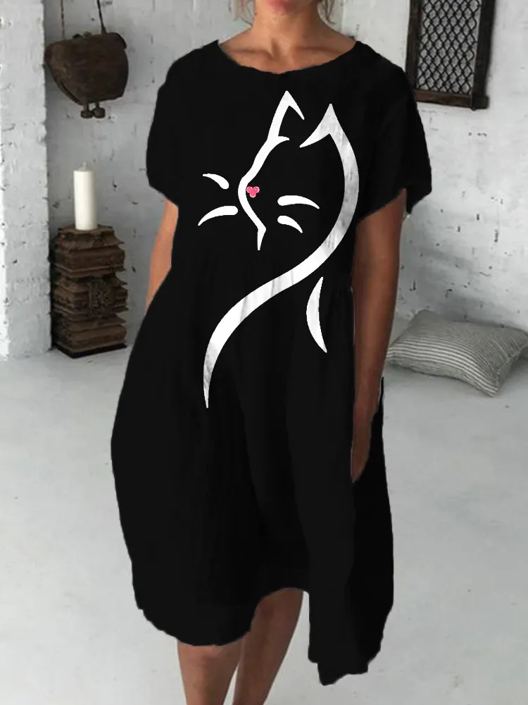 Cat Silhouette Line Art Midi Dress