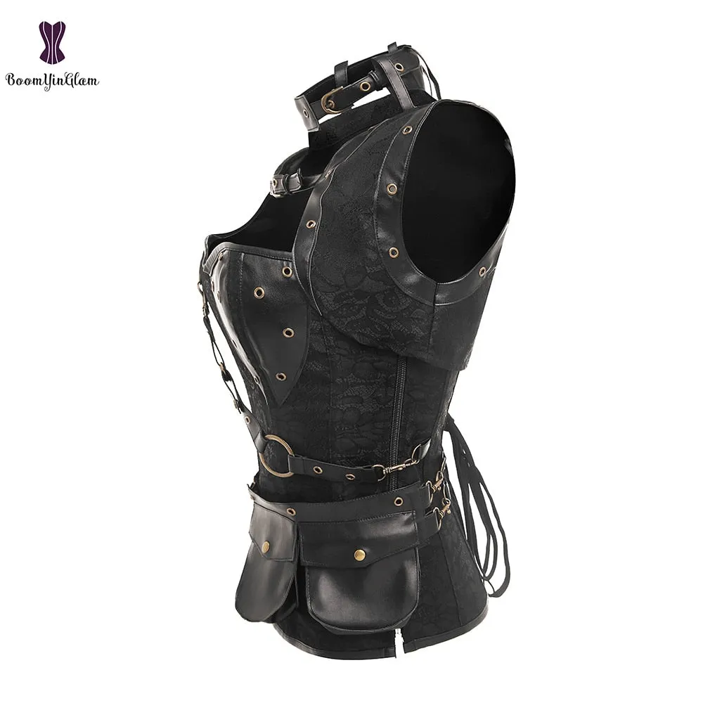 Black Women's Spiral Steel Boned Goth Retro Overbust Steampunk Bustier Corset With Jacket Plus Size 926#
