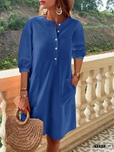 Dresses Button Mid-Sleeve Pocket Casual Dress for Women