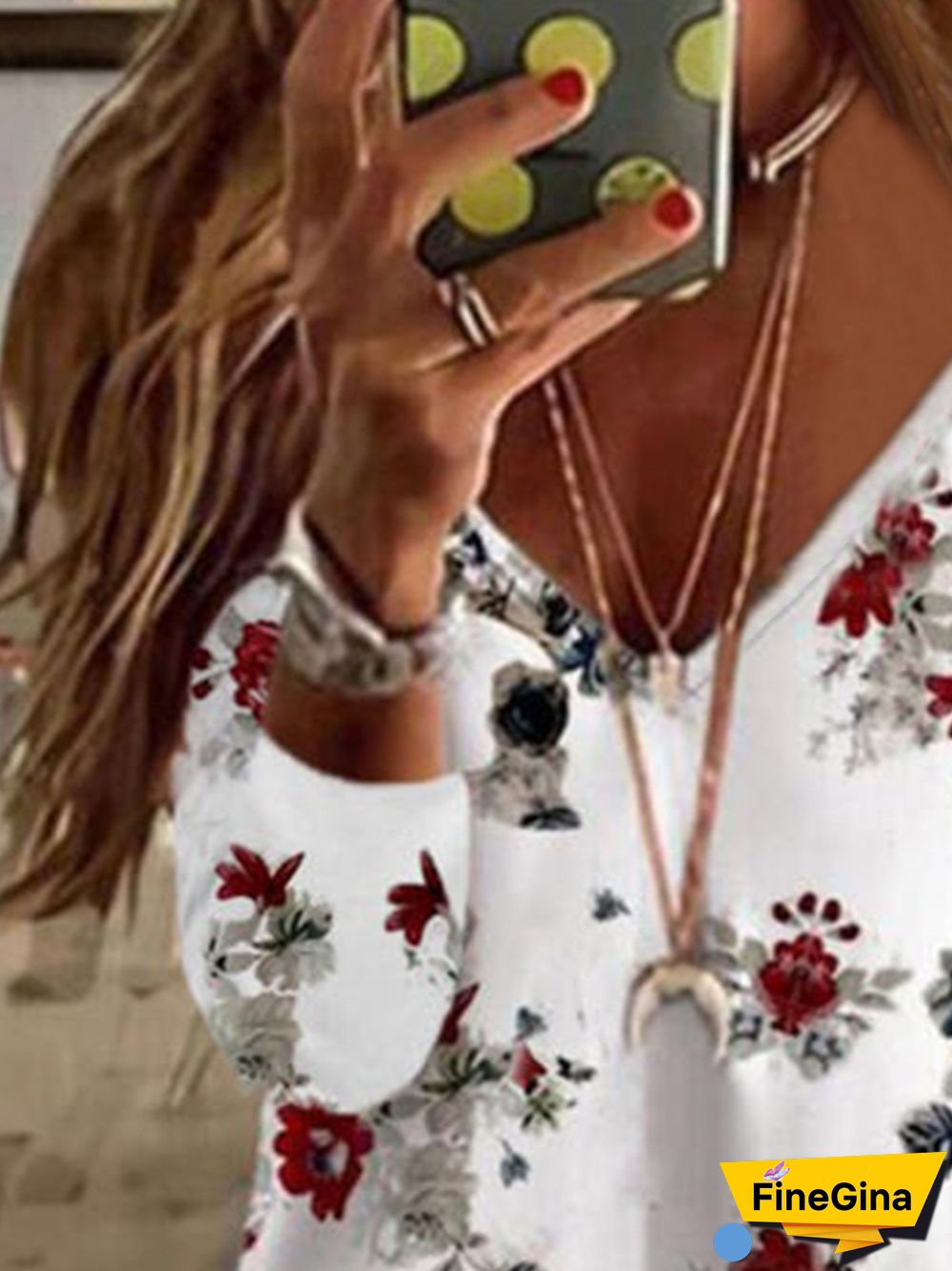 Vintage Floral Printed V Neck Long Sleeve Plus Size Casual Tops