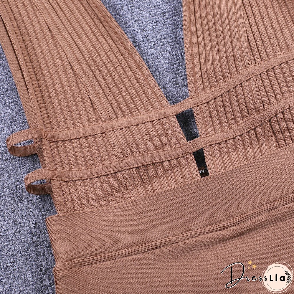 V Neck Sleeveless Hollow Out Midi Bandage Dress PF0803