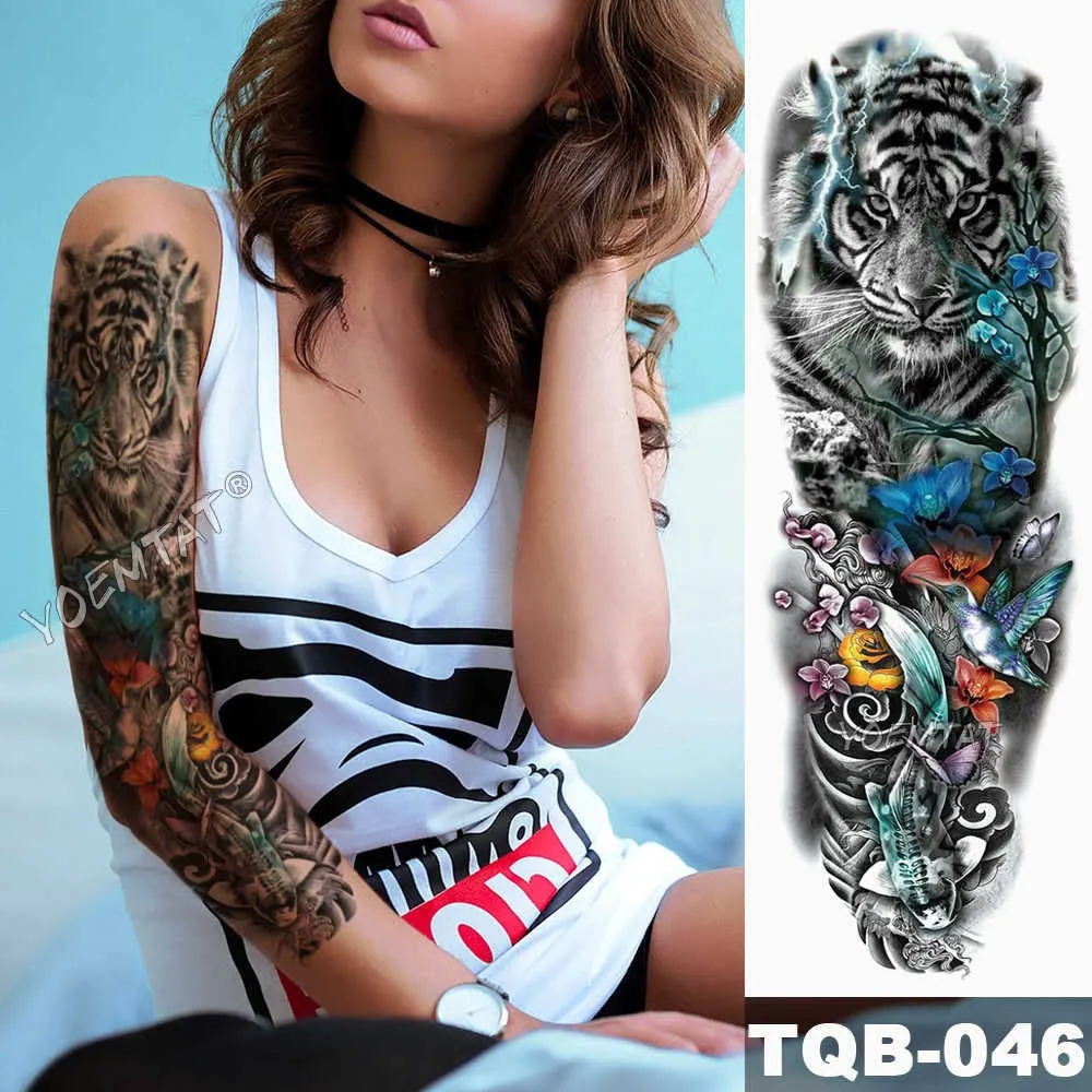Large Arm Sleeve Tattoo Sketch Lion Tiger Waterproof Temporary Tattoo Sticker Crow Warrior Soldier Men Full Skull Totem Tattoo