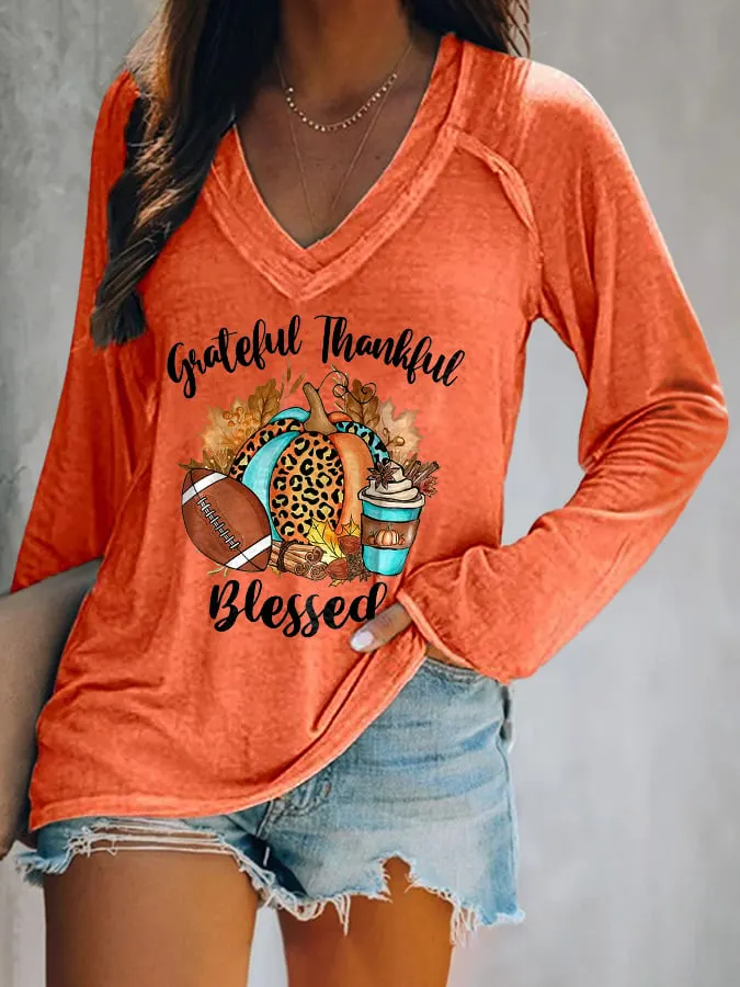 Women's Grateful Thankful Blessed Print Casual T-Shirt