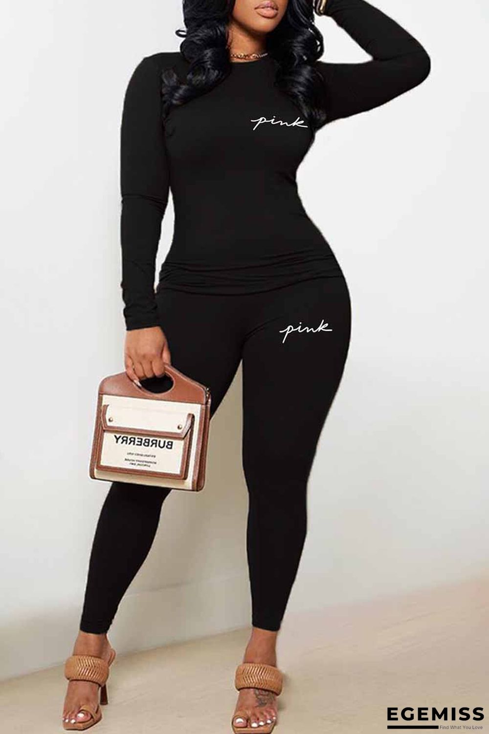 Black Casual Print Letter O Neck Long Sleeve Two Pieces | EGEMISS