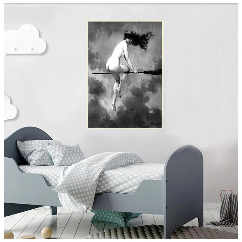 Witch Riding Broomstick Vintage Poster Wall Art Canvas Print Witch Broom Gothic Occult Halloween Antique Black White Painting