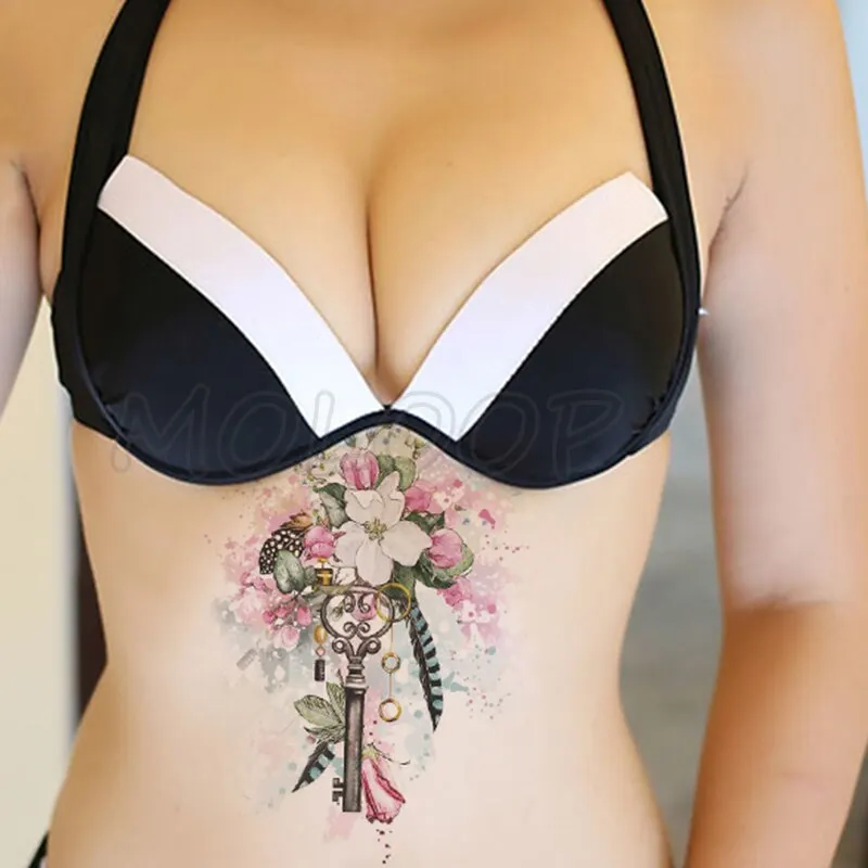 Waterproof Fake tattoo rose flower heart key necklace color tatoo sticker temporary tatto chest back leg belly for woman girl
